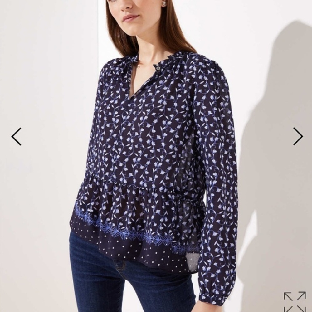 LOFT Women's Petite Large Ruffle Hem 3/4 Sleeve Keyhole Ruffle Neck Blouse Mediu